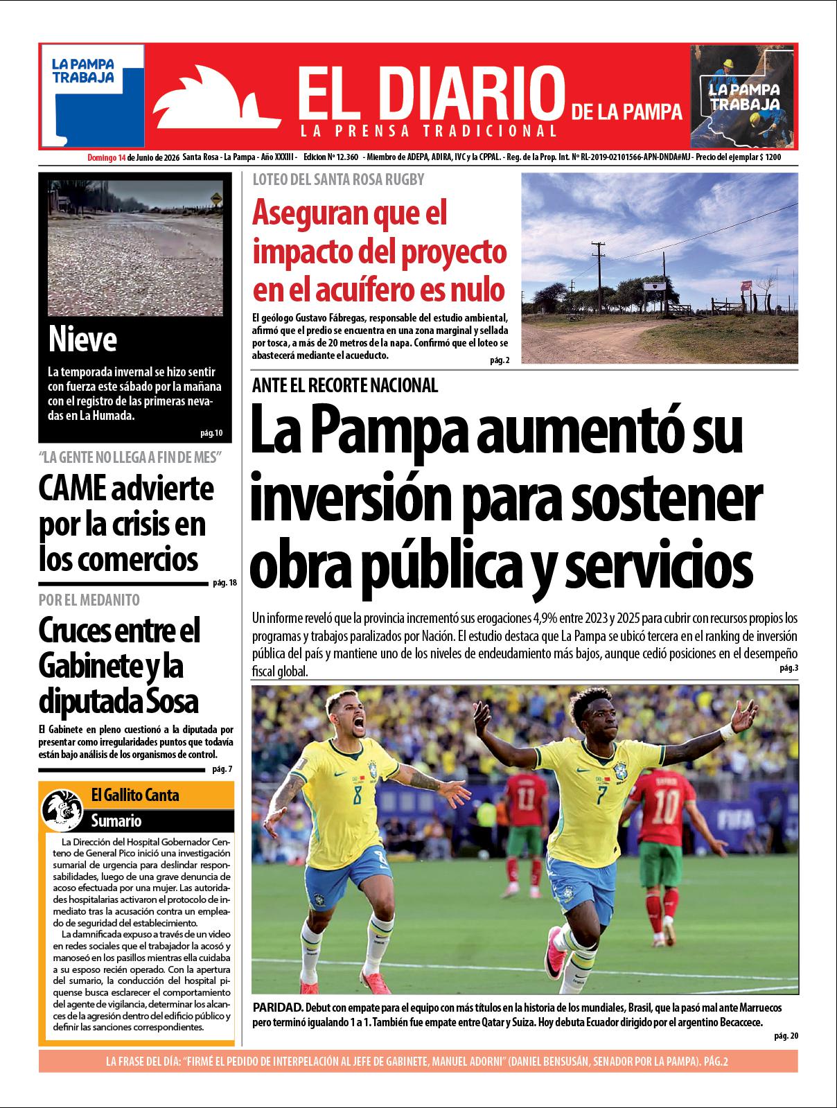 Tapa de El Diario en papel  domingo 14 de junio de 2026